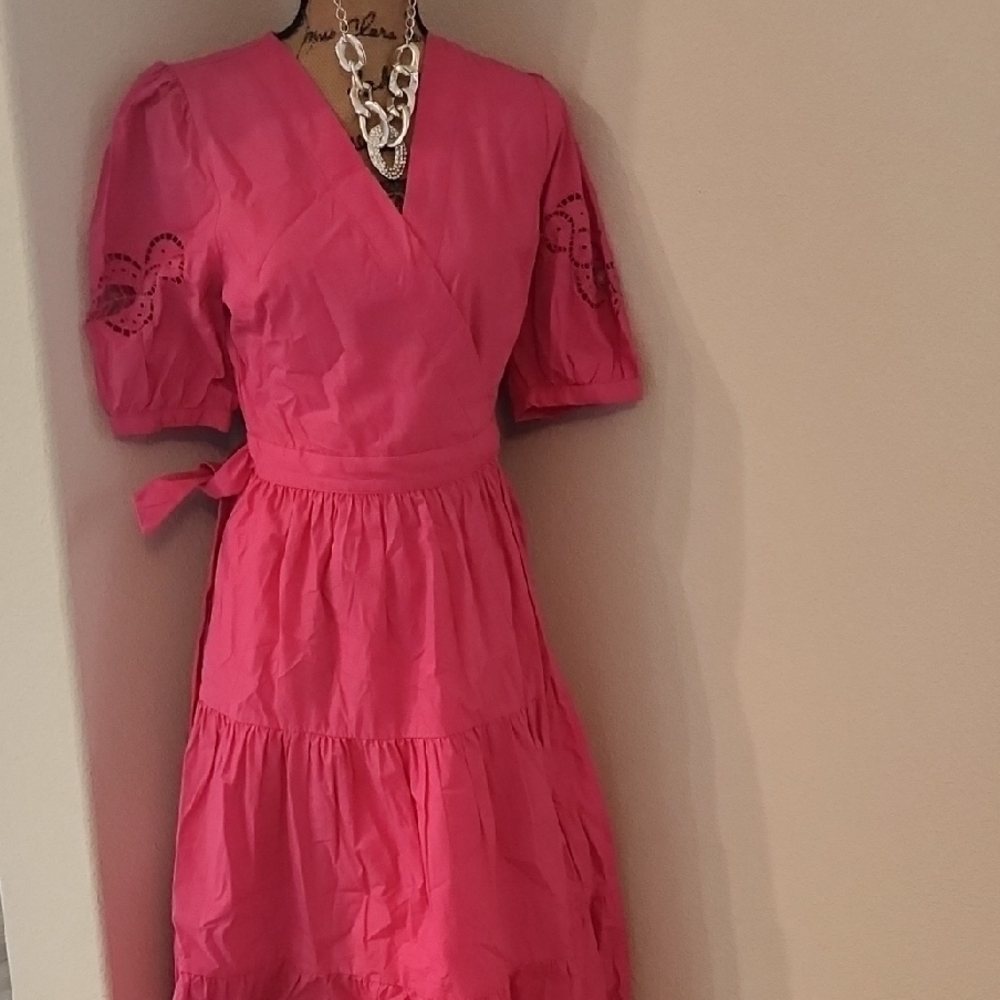 DKNY Women’s Pink Wrap Dress with Eyelet Sleeve Detail
